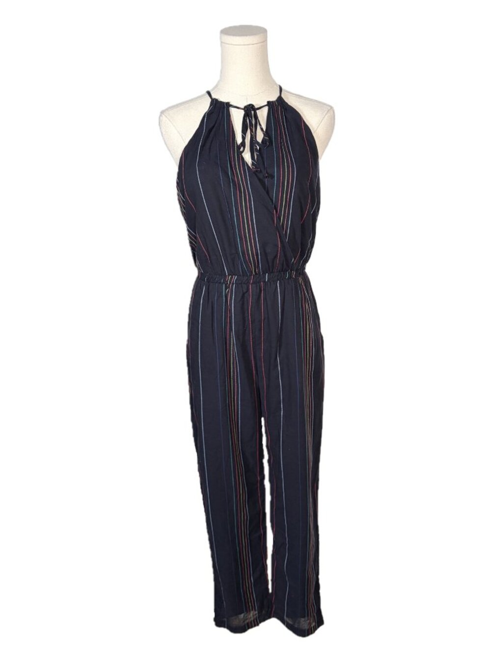 Anthropologie Dolan Cotton Blue Striped Halter Wrap Jumpsuit XS